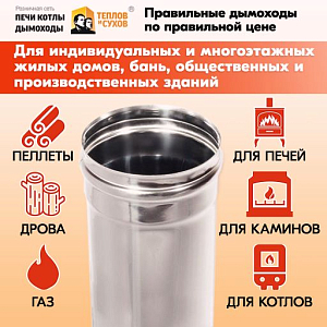 Трубы для дымохода из нержавейки L1000 ТМ-Р 430-0.5 D120 правильный дымоход Теплов и Сухов из нержавеющей стали для котла и печи