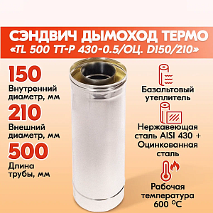 Сэндвич труба L 500 ТТ-Р 430-0.5/Оц. D150/210 для бани, газовый дымоход для котлов, печей, дымоход для буржуек